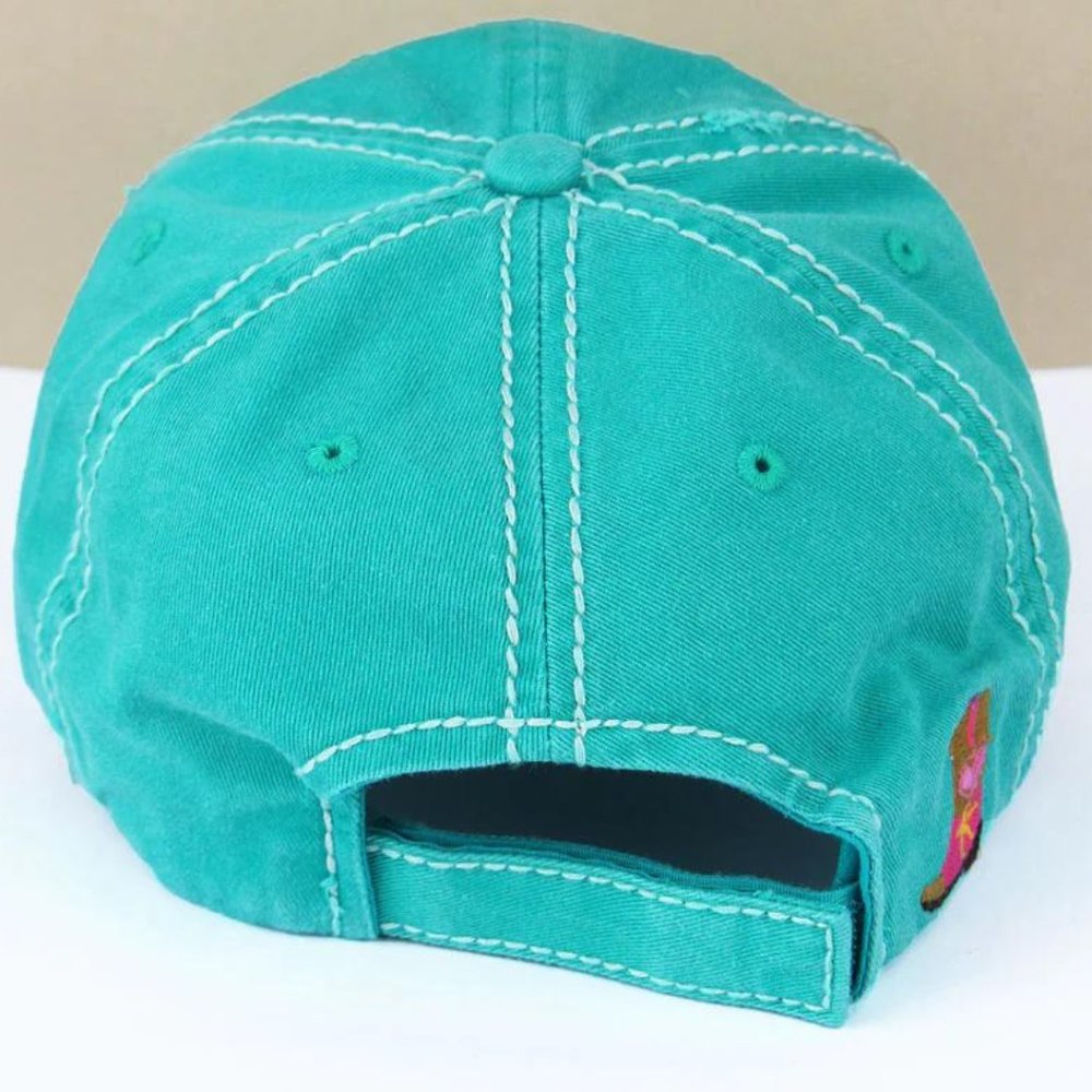 KBETHOS Cowgirl At Heart Distressed Ball Cap Hat Teal NWT - Picture 4 of 4